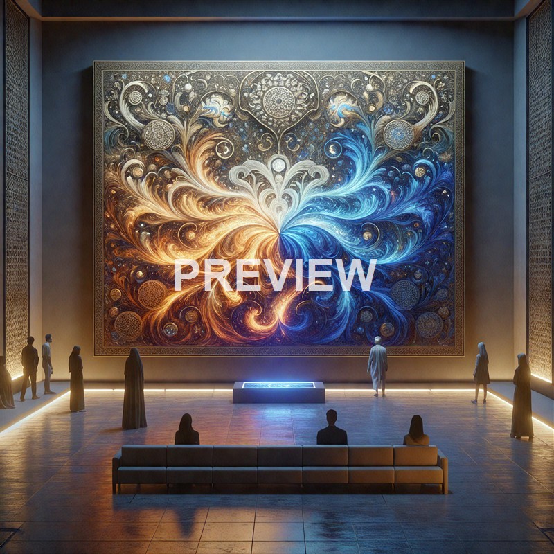 The image shows a spacious gallery with a large, intricate abstract painting on the wall, featuring swirling patterns of gold, white, and blue, with several visitors observing the artwork.